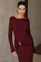 Elegant Burgundy Long Slim Metal Trim Formal Dress