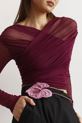 Solid Mesh Ruched  Long Sleeve Crop Top