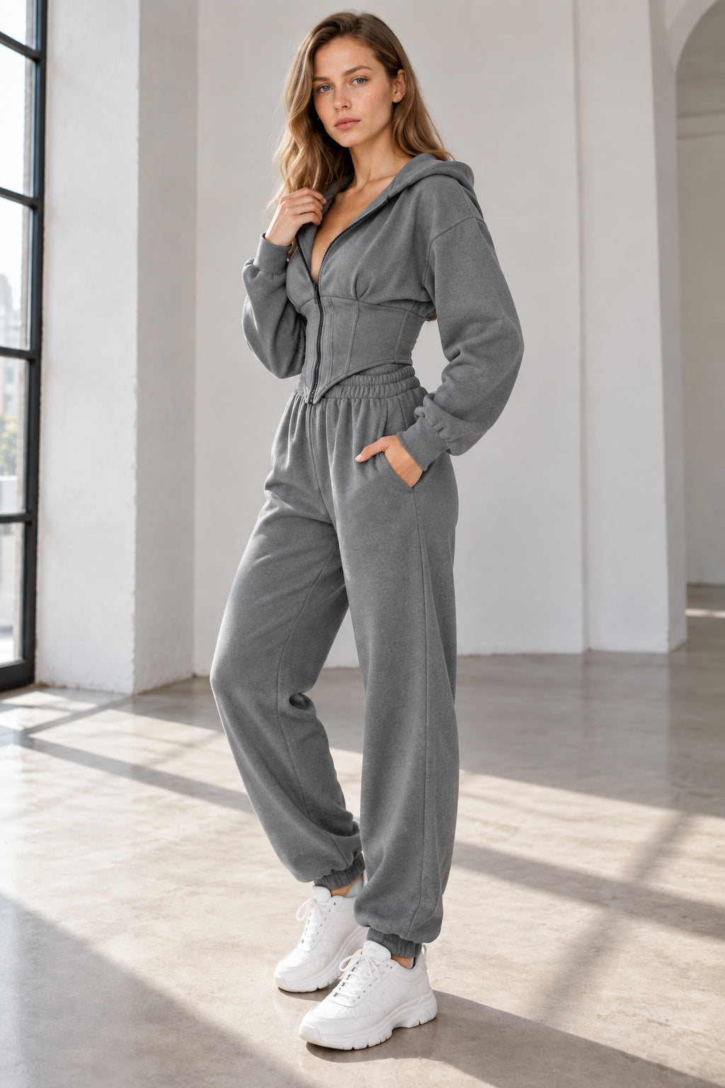 Hooded Drawstring Two Piece Pants Set