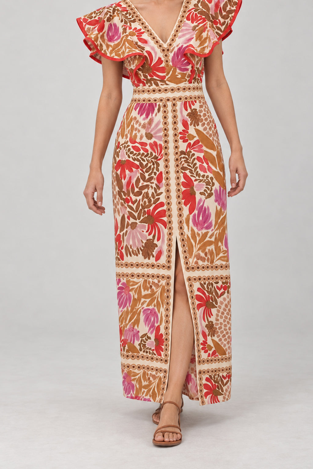 Floral Ruffle Slit Back V Boho Dress