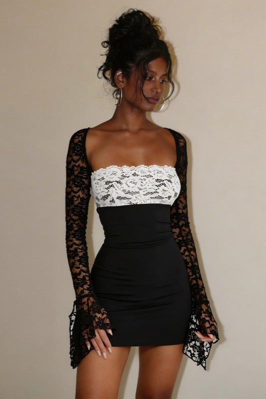 Strapless Lace Panel Raglan Sleeve Bodycon Lace Dress
