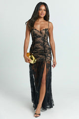 Sheer Ruched Split Cami Maxi Lace Dress