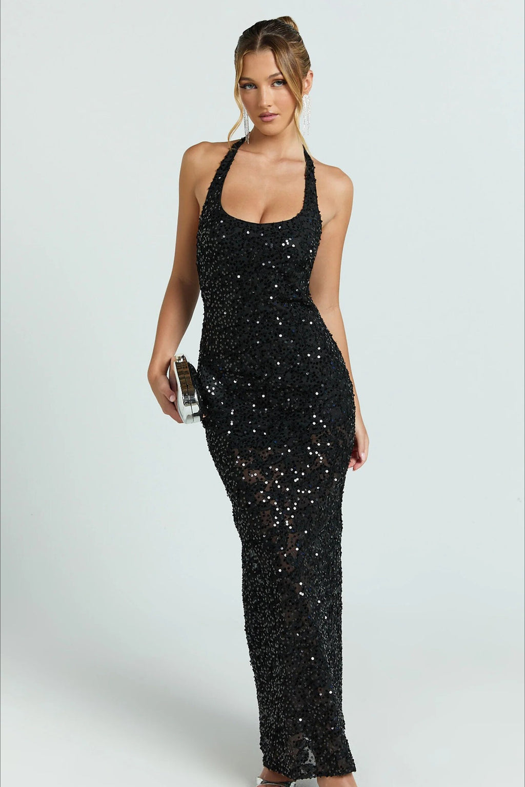 Sequin Halter Lace Up Back Party Dress