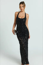 Sequin Halter Lace Up Back Party Dress