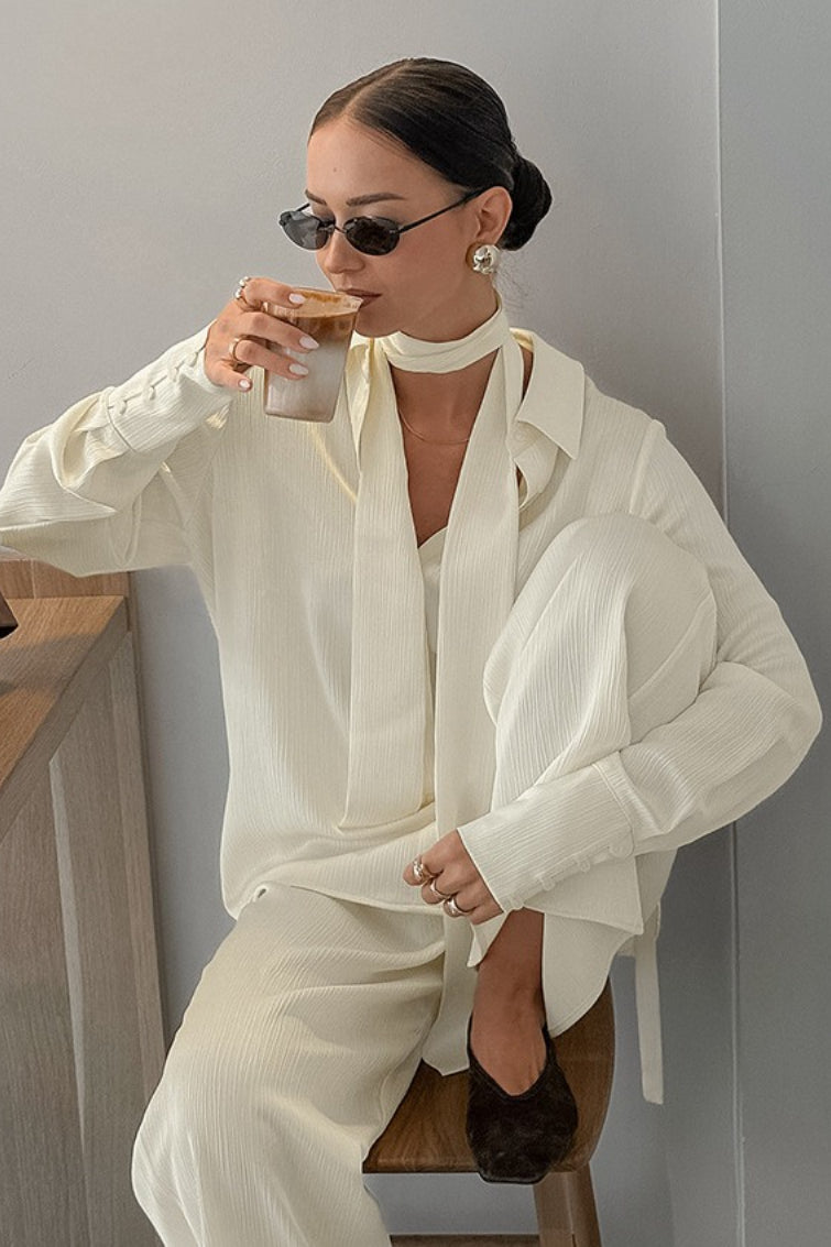 Effortless Chic Streamer Textured Shirt Pants Two Piece Set Secondary image