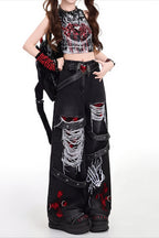 Distressed Patchwork Cargo Wide Leg Jeans
