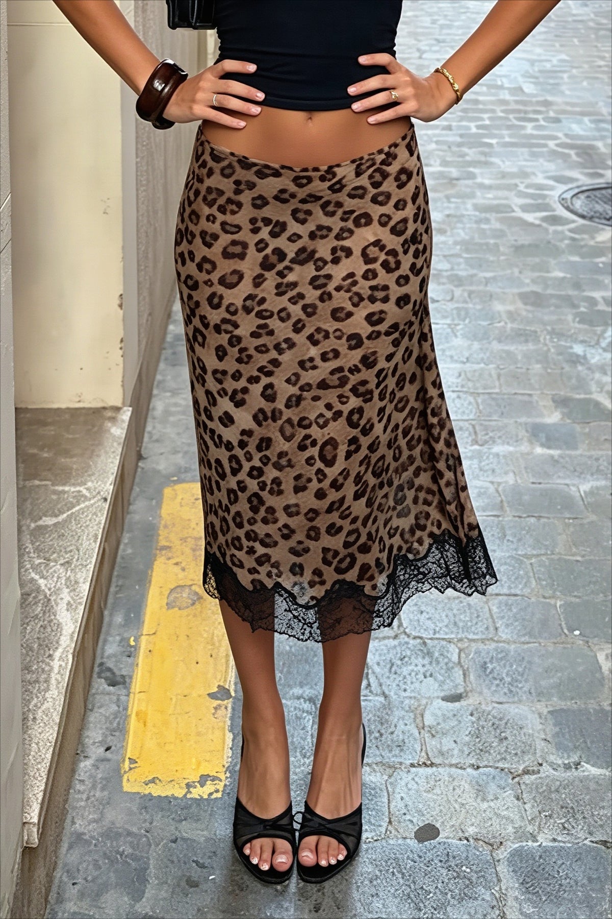 Leopard Print Lace Trim Midi Skirt