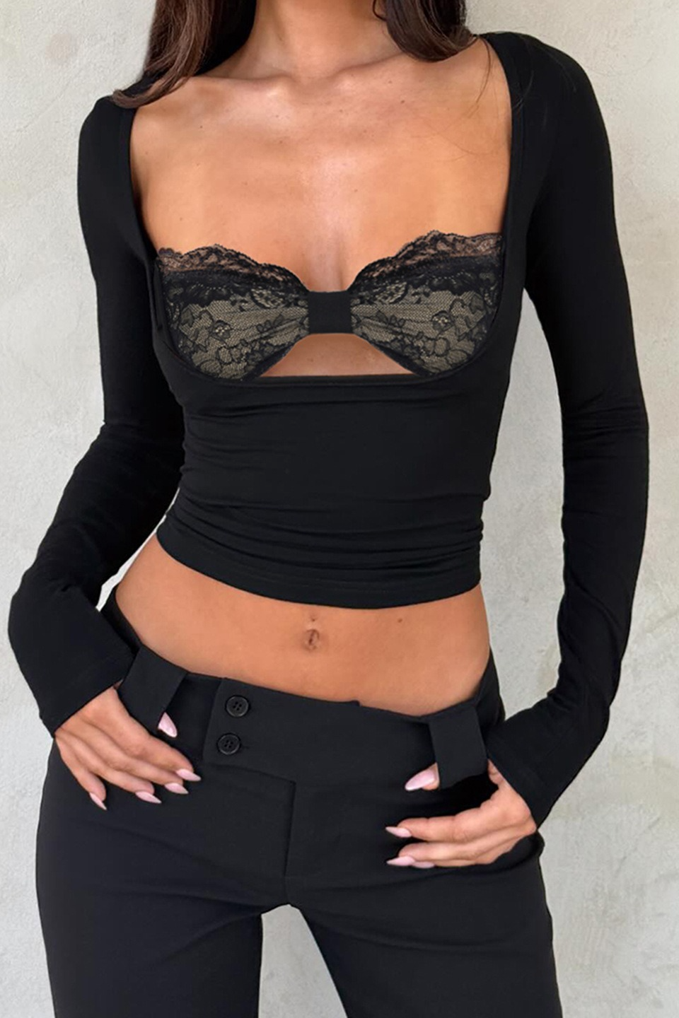 Lace Patchwork 2In1 Chest Cutout Tight  Crop Top Main image