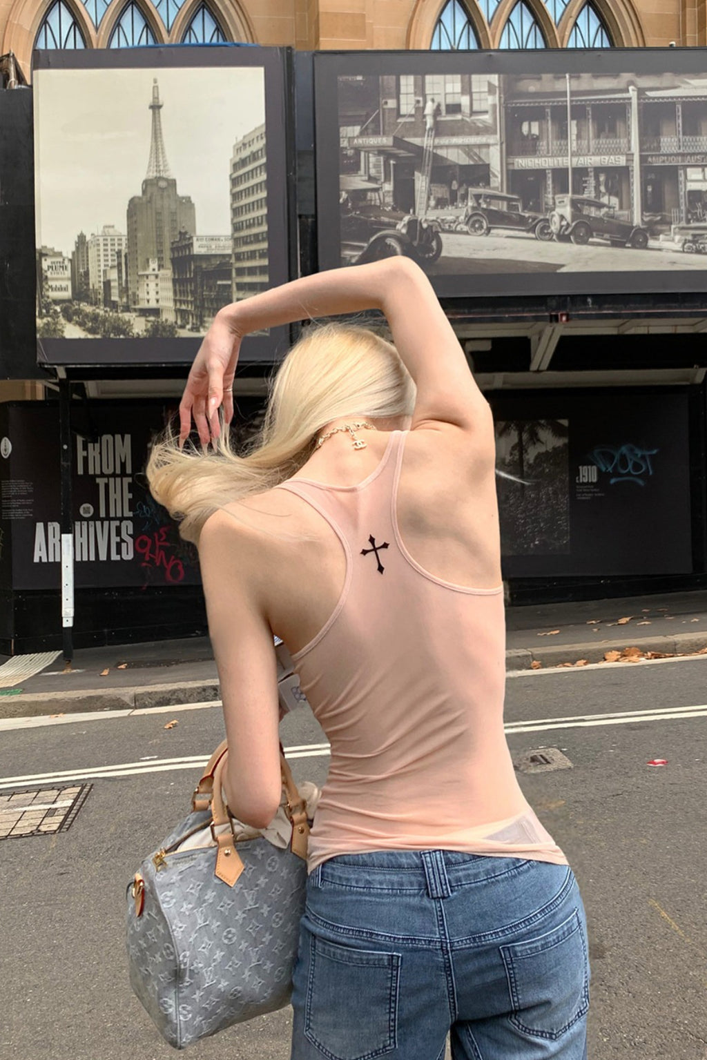 Sheer Letter Graphic Fitted Tank Top