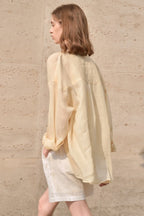 Elegant Sheer Linen Collared Long Sleeve Top