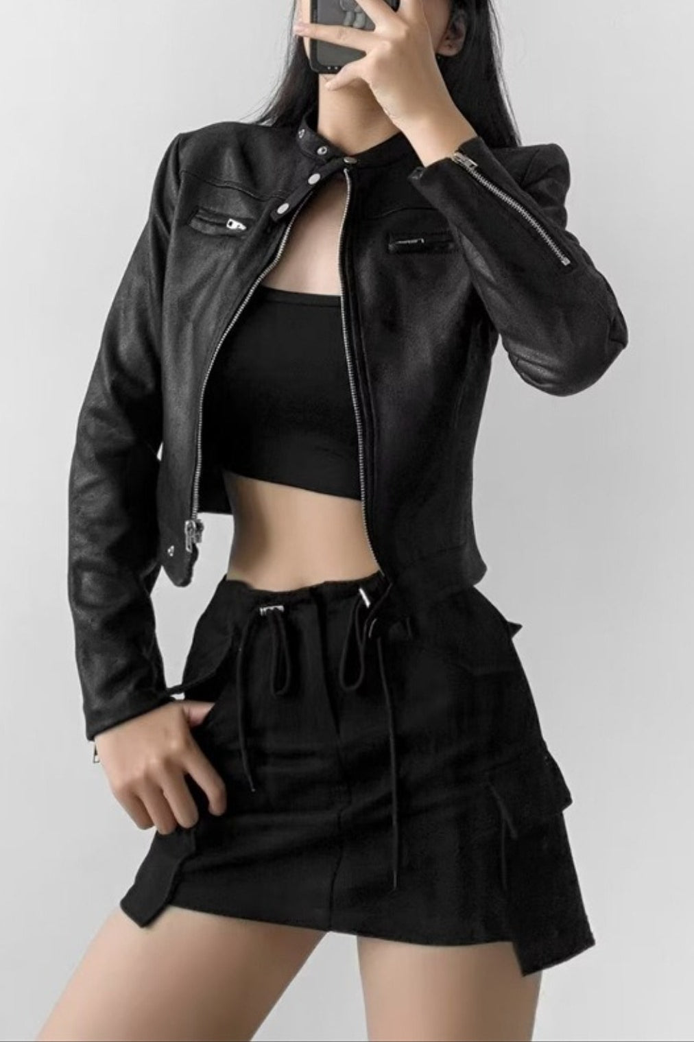 Refined Stand Collar Cropped Moto Jacket Secondary image