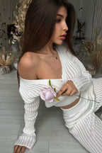 Ribbed Button Cardigan Cutout Pants Two Piece Set