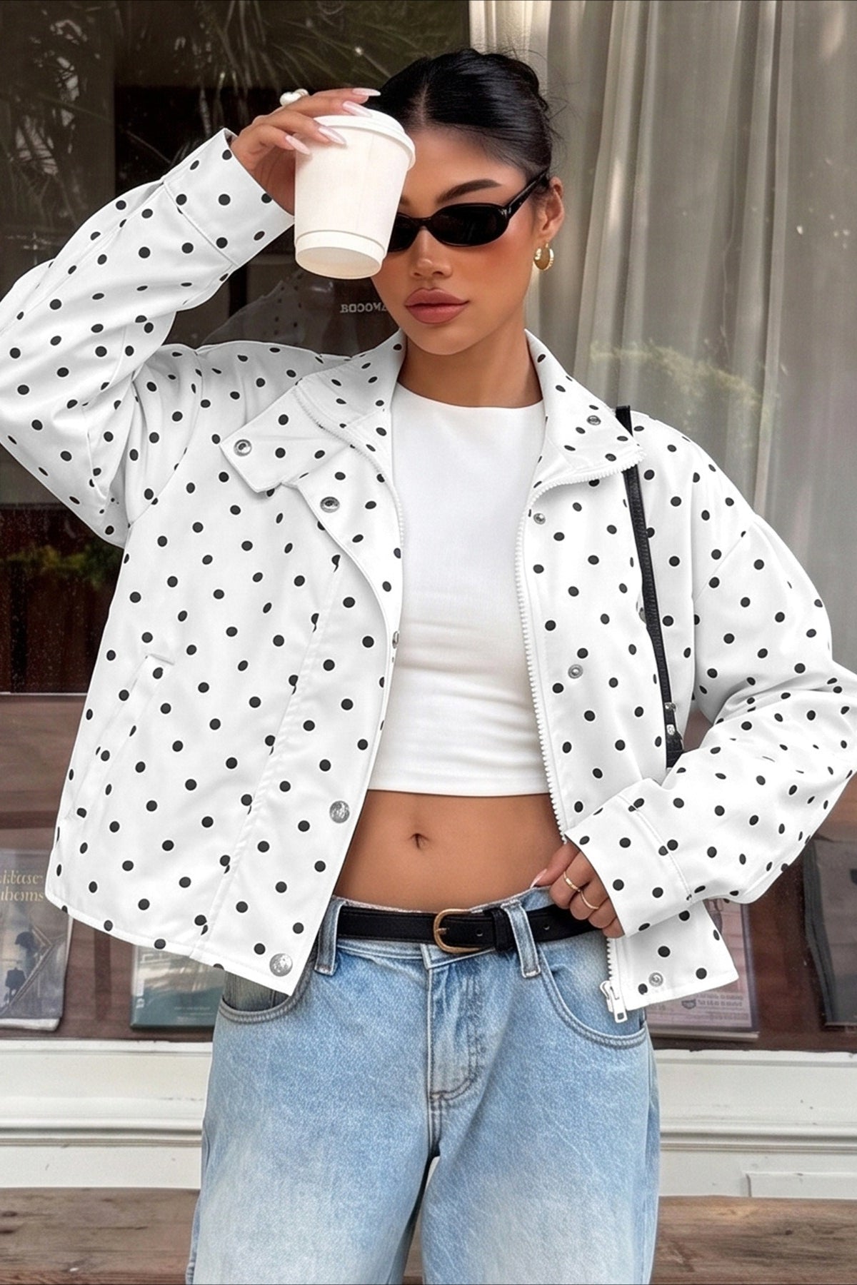 Polka Dot High Collar Cropped Moto Jacket