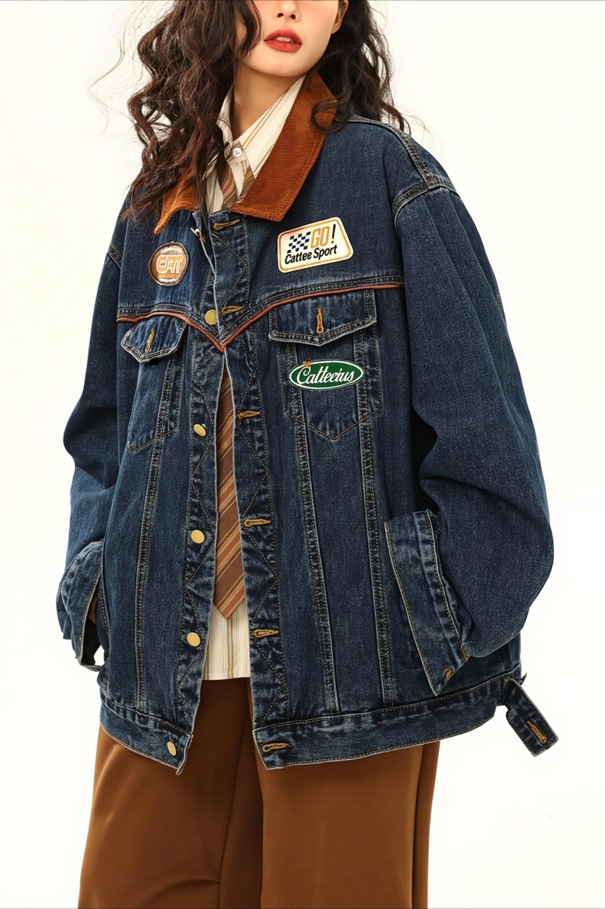 Embroidered Patch Oversized Blue Denim Jacket
