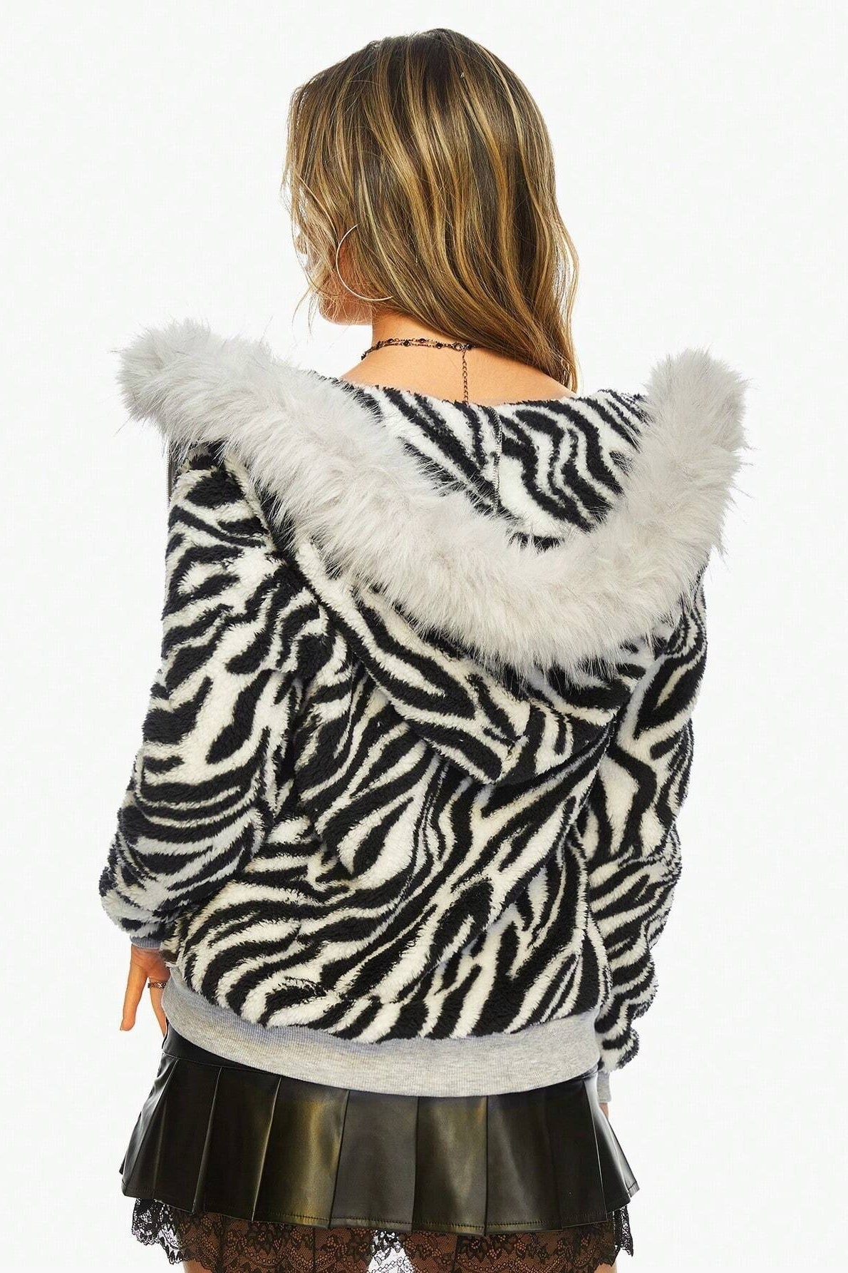 Zebra Faux Fur Trim Zip Hoodie Secondary image