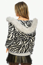 Zebra Faux Fur Trim Zip Hoodie