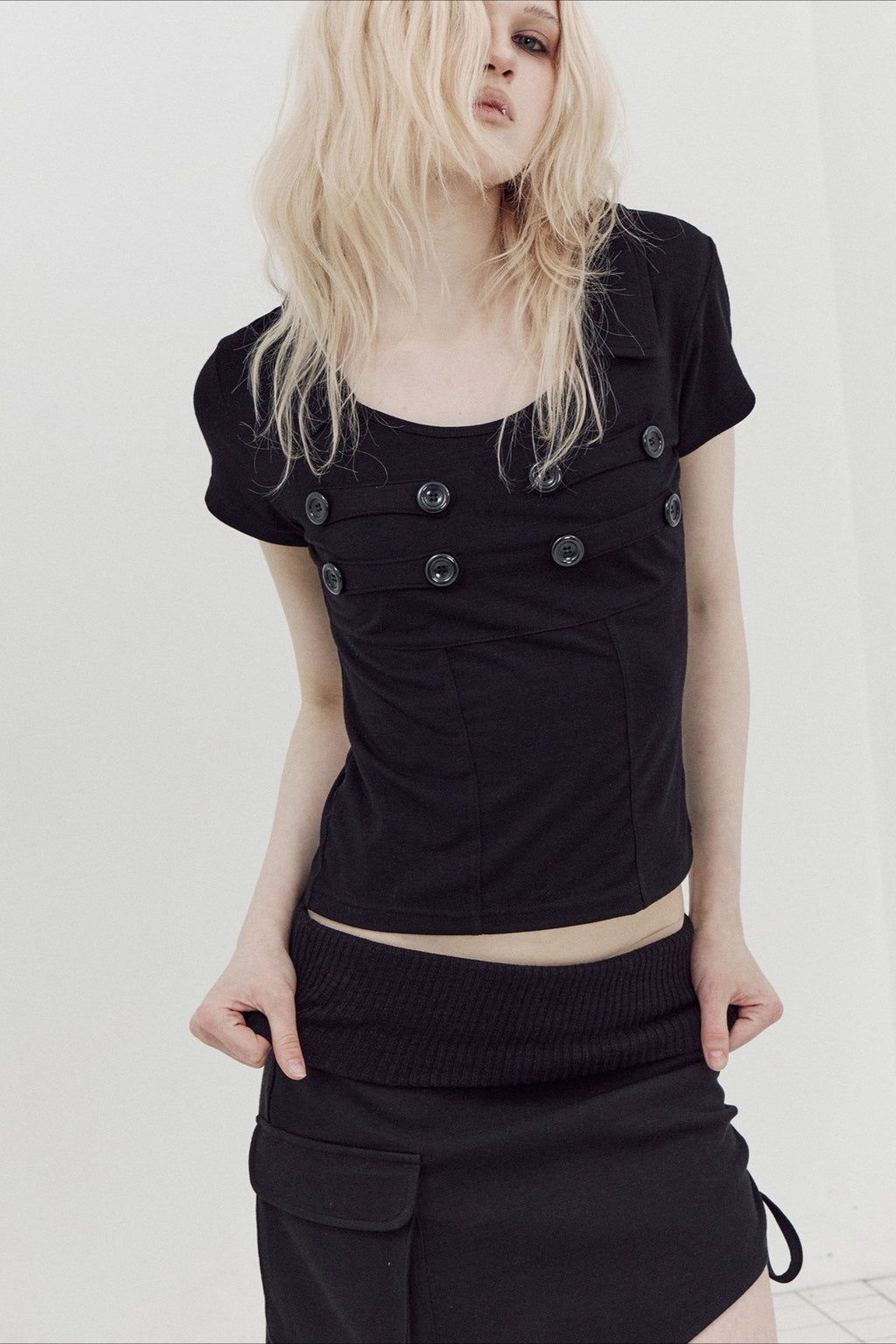 Double Breasted Collared Fitted Short Sleeve T-Shirt