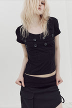 Double Breasted Collared Fitted Short Sleeve T-Shirt