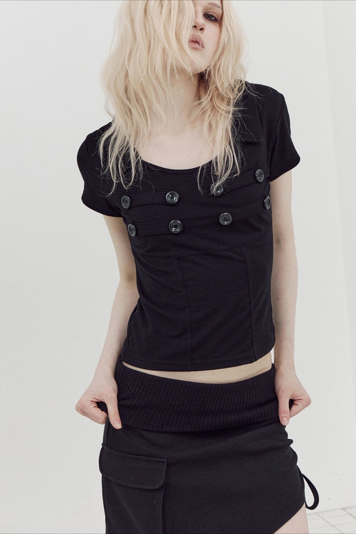 Double Breasted Collared Fitted Short Sleeve T-Shirt