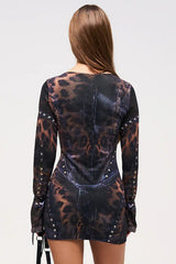 Fitted Crew Neck Printed Long-Sleeve Bodycon Dress