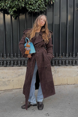 Wool Double Breasted Notched Lapel Tied Waist Overcoat