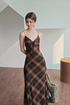 Plaid Spaghetti Strap Bodycon Maxi Dress