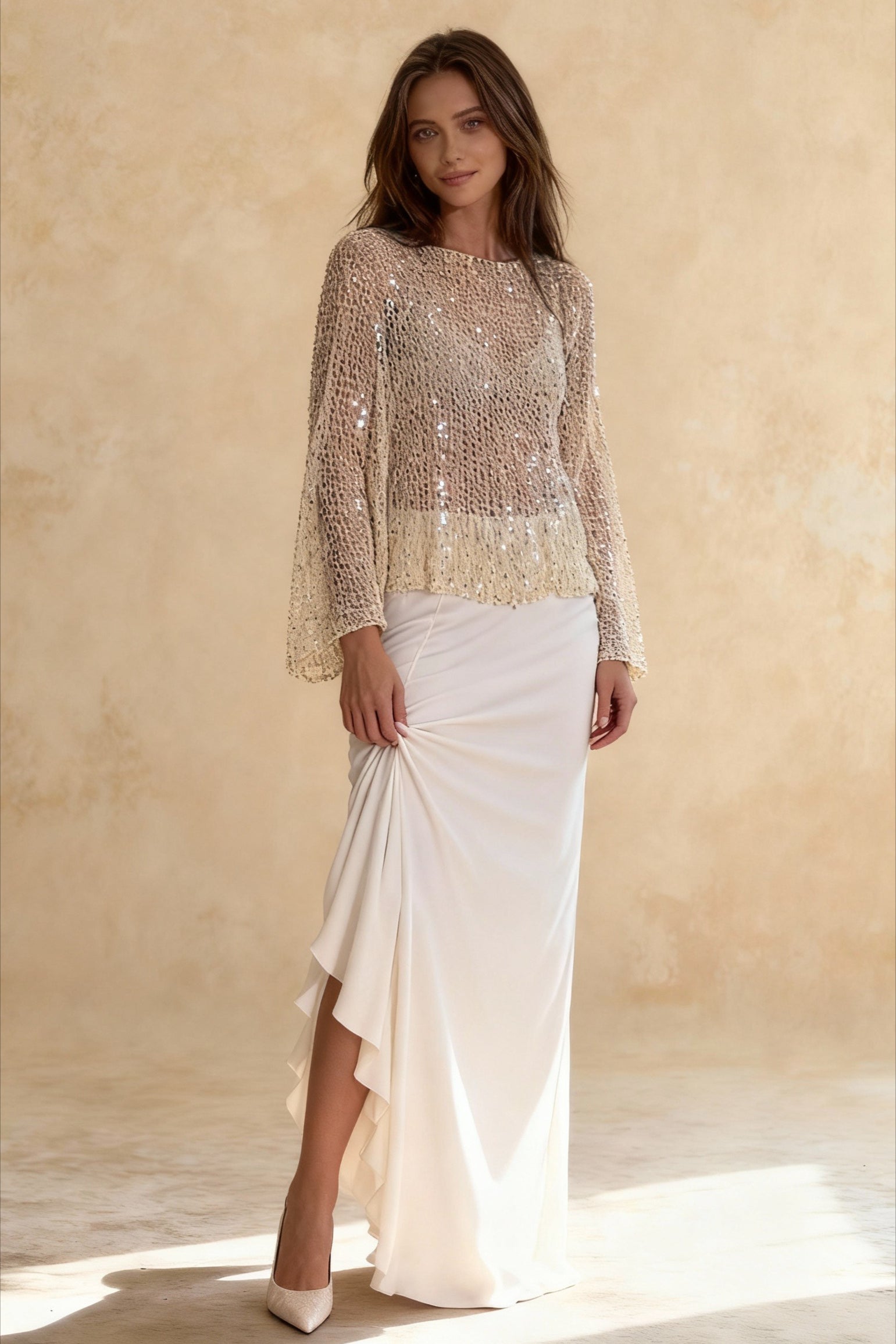 Solid Color Sequined Hollow Long Sleeve Knit Sweater Secondary image