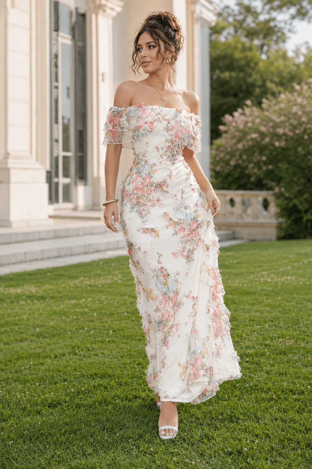 Off Shoulder Bodycon Long Print Floral Dress Secondary image