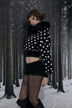 Faux Fur Trim Patterned Cropped Zip Hoodie