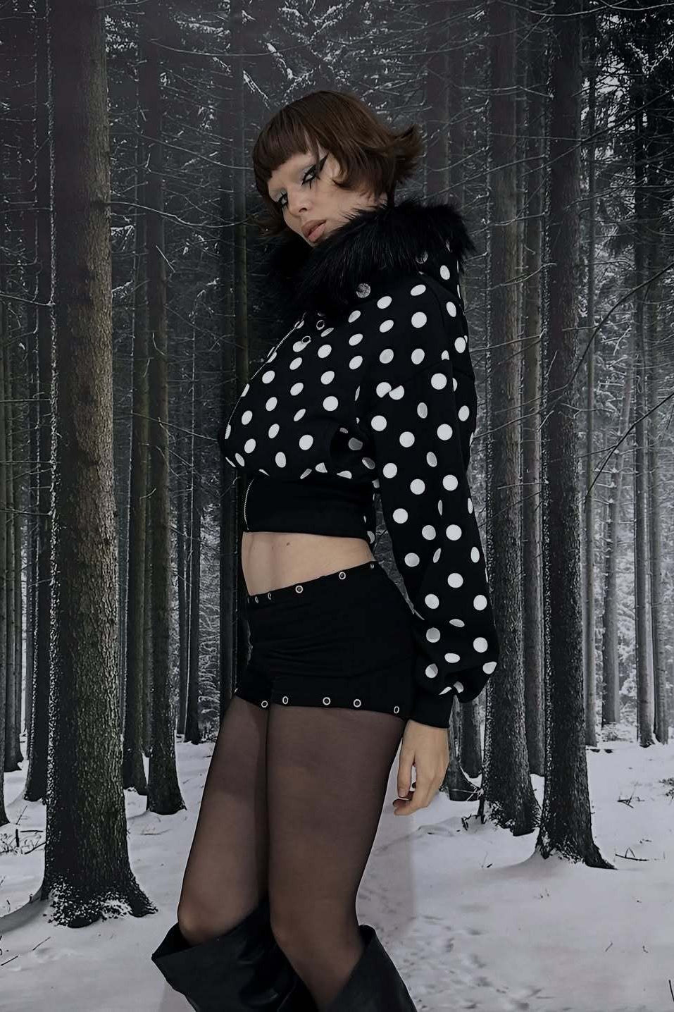 Faux Fur Trim Patterned Cropped Zip Hoodie