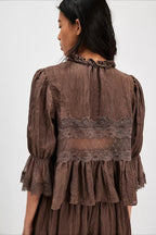 Lace Panel Ruffle Balloon Sleeve Tie Front Blouse