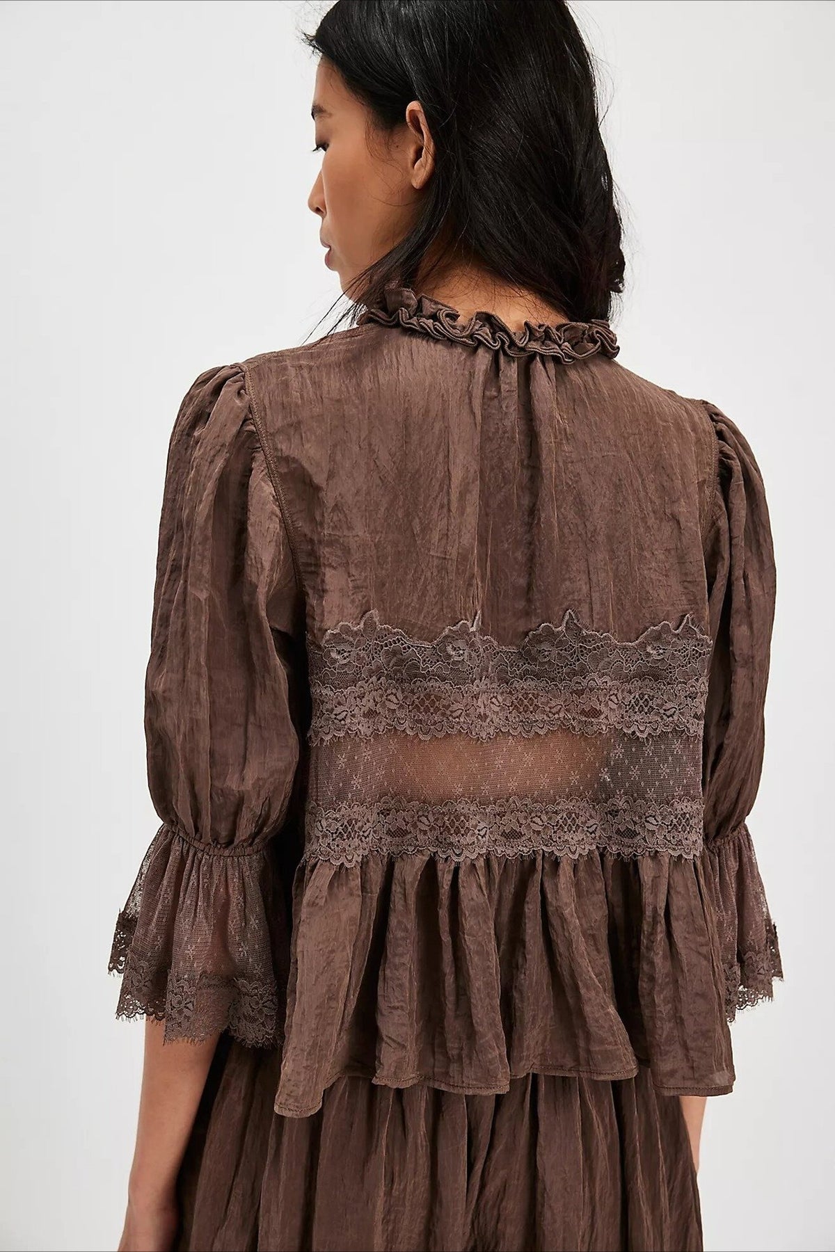 Lace Panel Ruffle Balloon Sleeve Tie Front Blouse