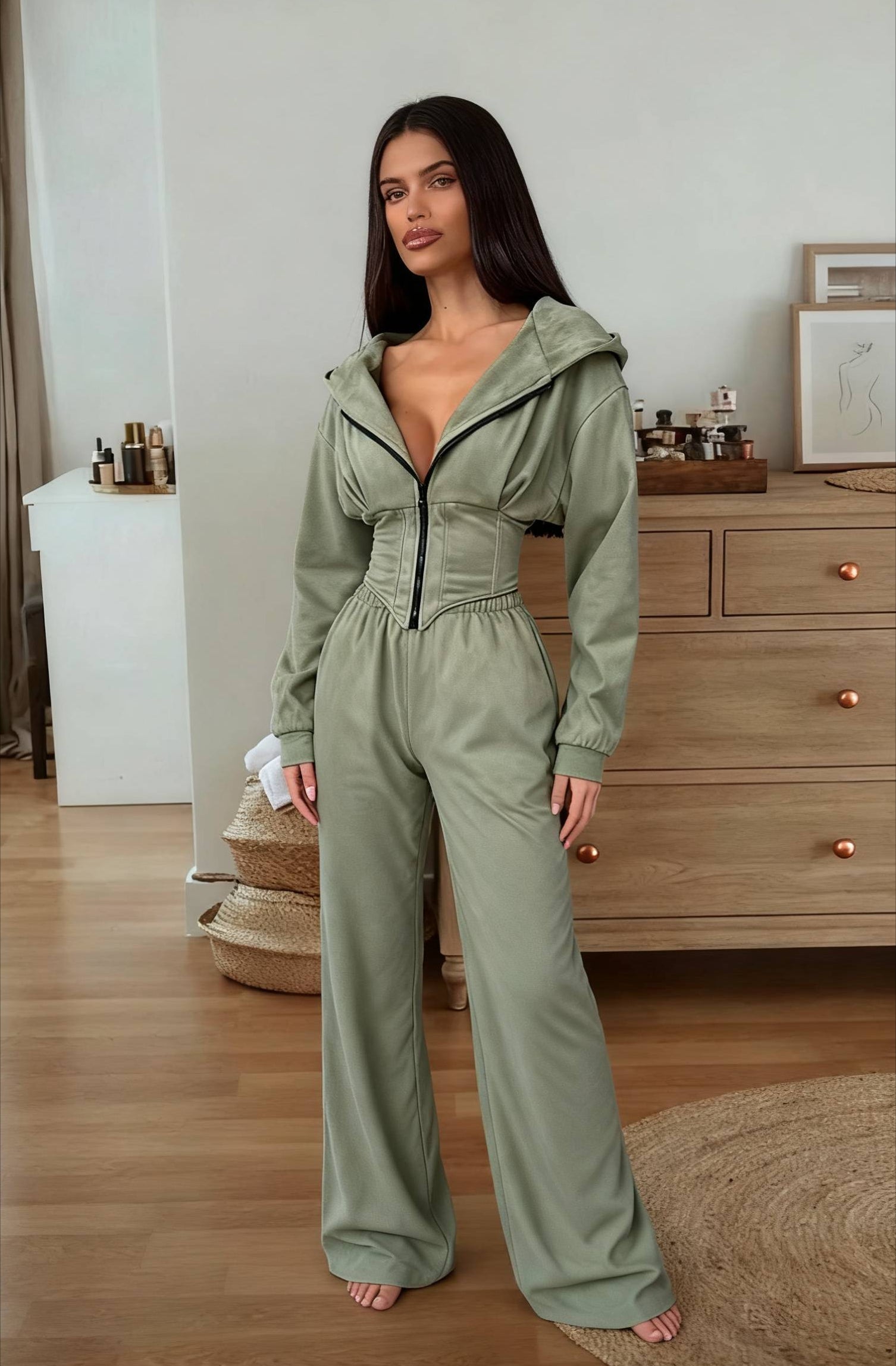 Hooded Drawstring Two Piece Pants Set Main image