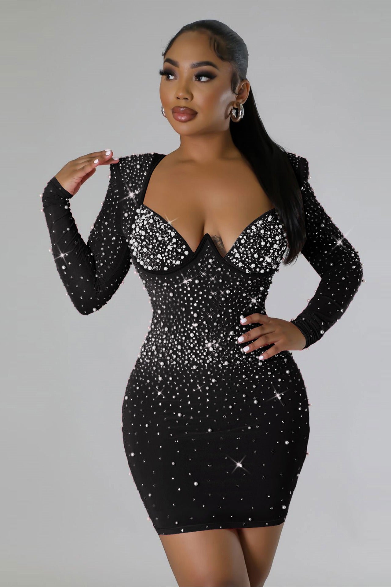 Rhinestone Stretch Bodycon Long Sleeve Cocktail Dress Main image