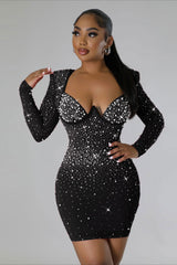 Sexy Rhinestone Stretch Bodycon Long Sleeve Cocktail Dress