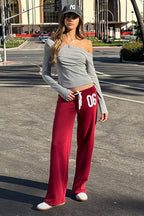 Solid Asymmetric Neck Long Sleeve Crop Top