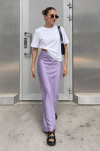 Fashion Elegant Satin Solid Black High Waist Long Skirt