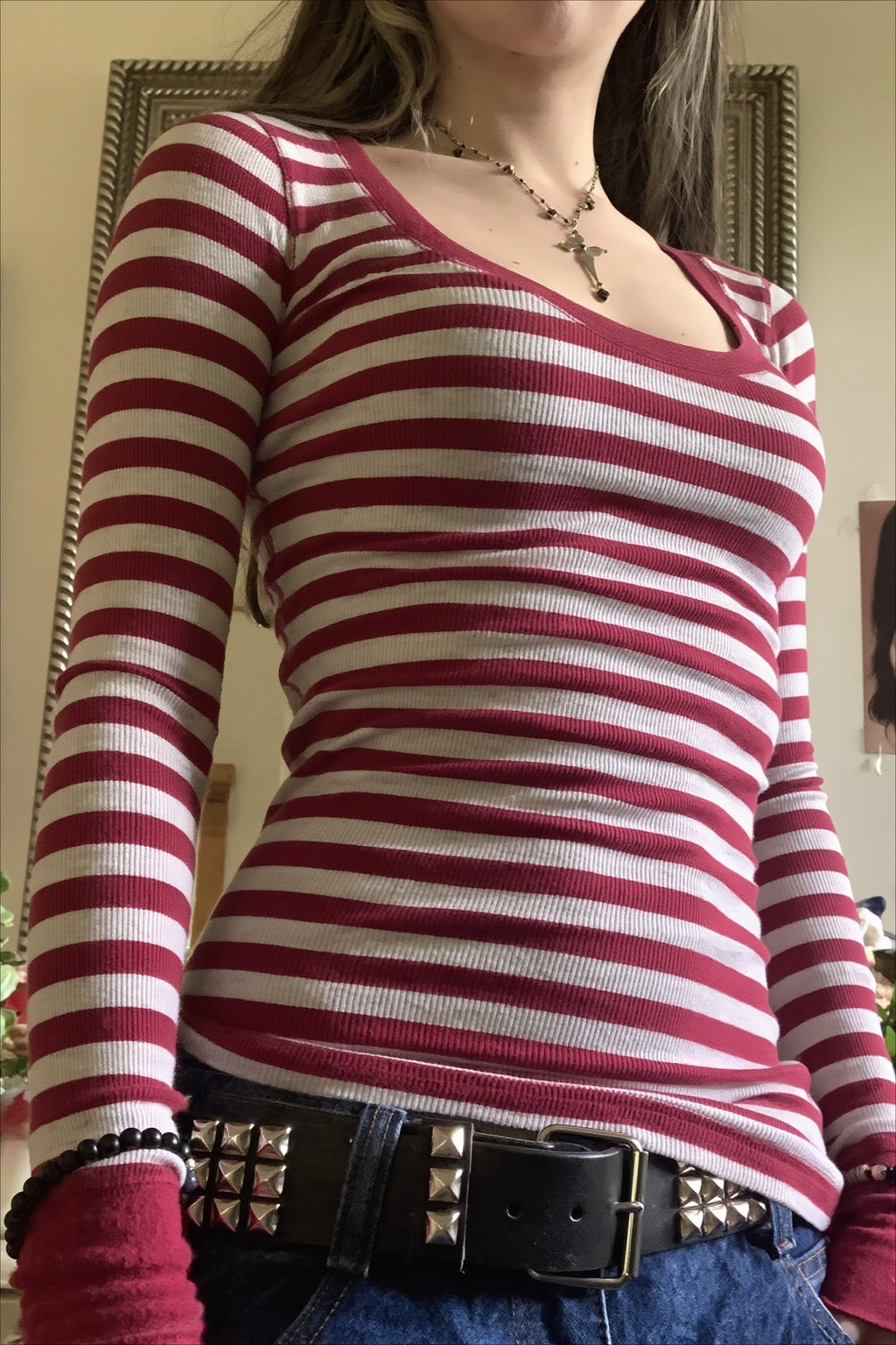 Striped Scoop Neck Fitted Long Sleeve T-Shirt