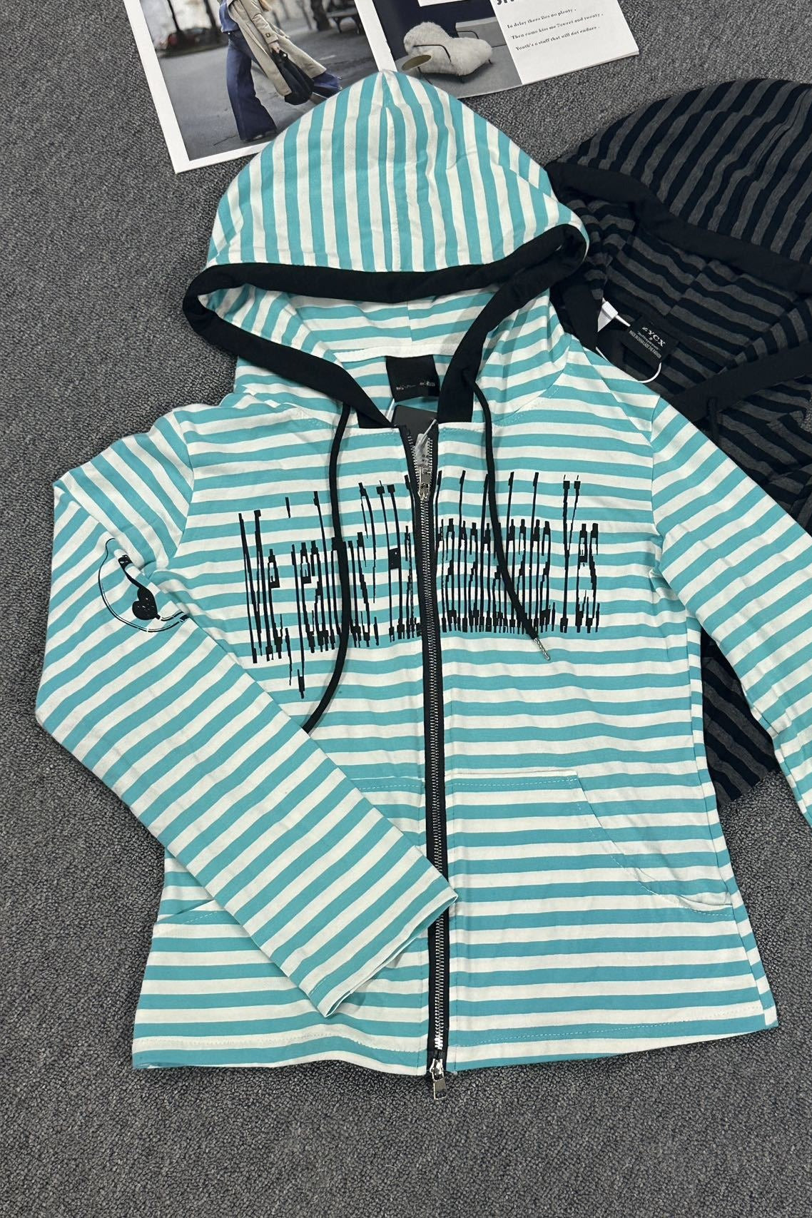 Striped Graphic Fitted Zip Up Hoodie