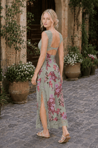 Lace Patchwork Strap Backless Slit Maxi Floral Dress