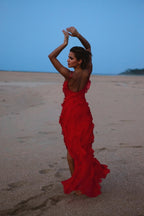 Sexy Backless Slit Fitted Spaghetti Strap Chiffon Ruffled Party Dress