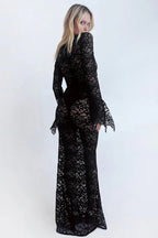 Sheer Lace Deep V-Neck Flared Sleeve Maxi Lace Dress