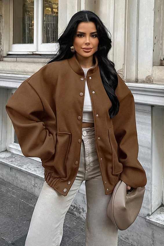 Mocha Brown Wool Blend Stand Collar Coat Main image