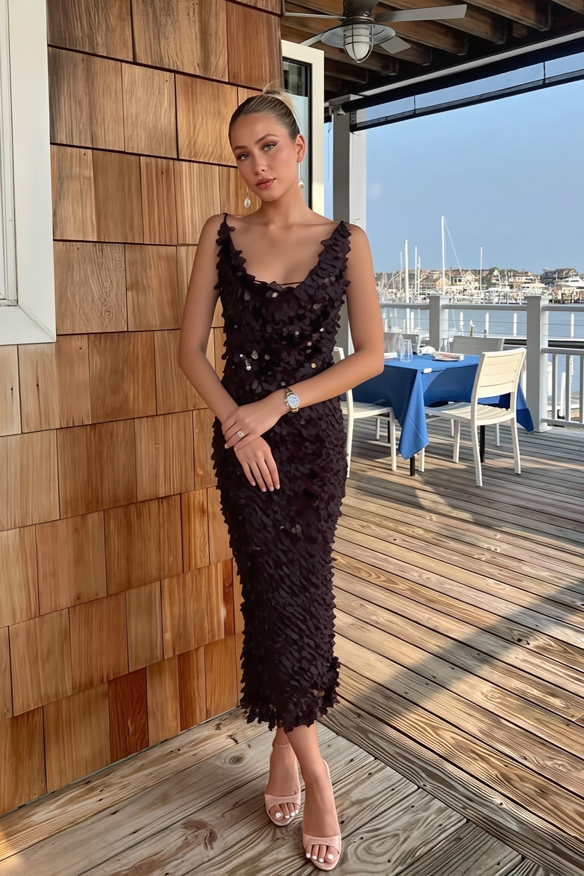 Sequin Scoop Neck Backless Maxi Party Dress