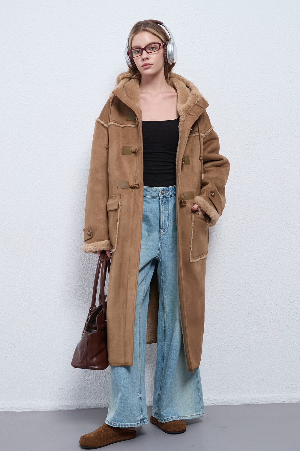 Hooded Suede Shearling Horn Button Long Thick Overcoat Secondary image