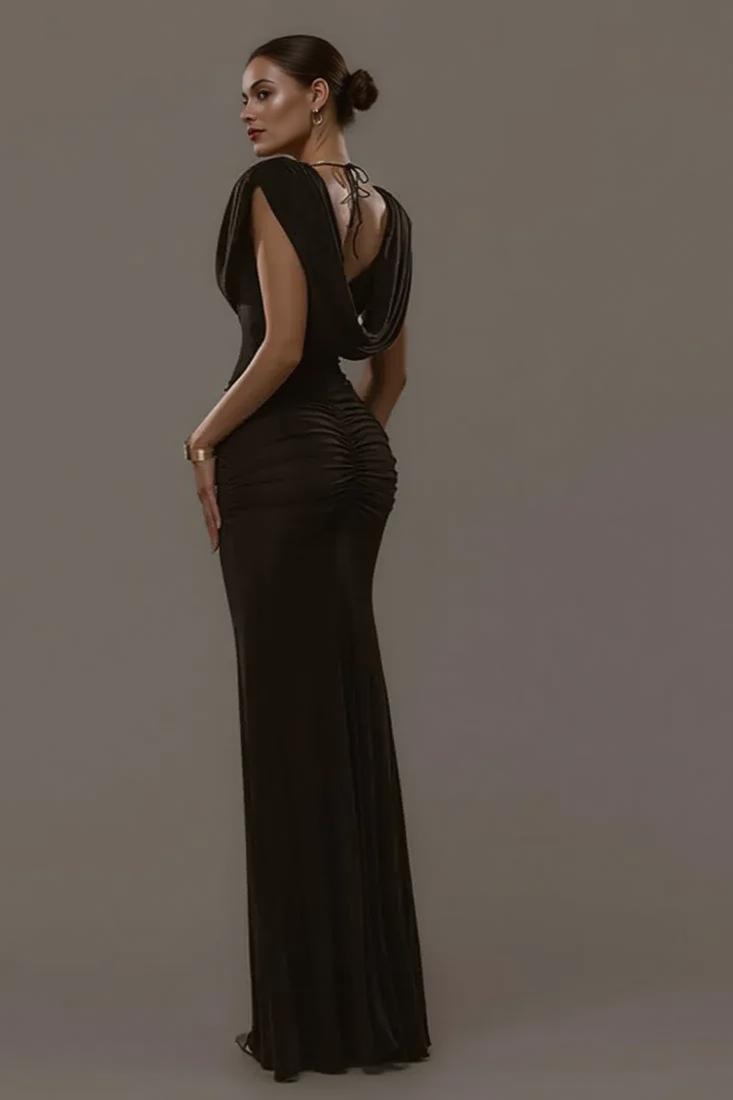 Solid Cowl Neck Ruched Waist Cinch Party Dress Secondary image