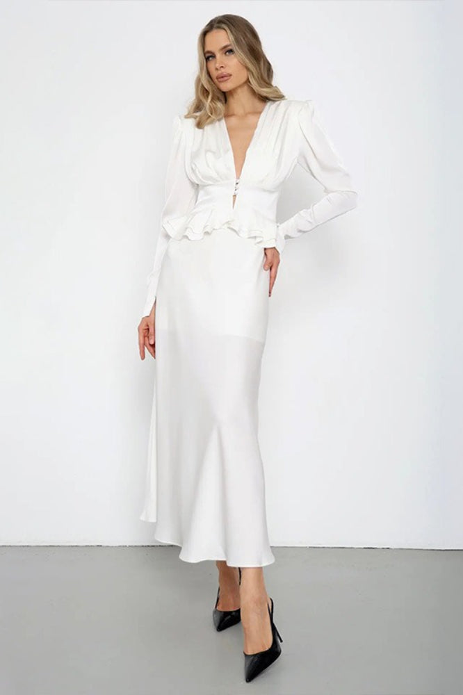 Deep V Neck Waist Cinched Ruffle Hem Shoulder Pad Blouse