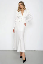 Deep V Neck Waist Cinched Ruffle Hem Shoulder Pad Blouse