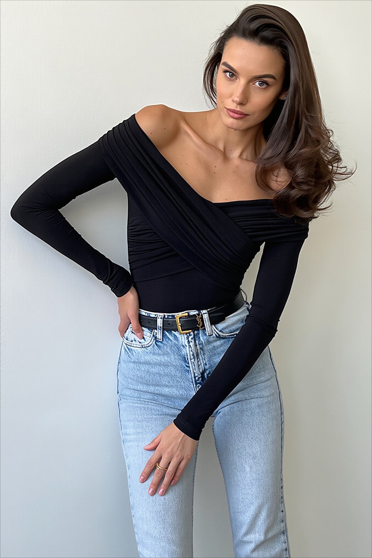 Pleated Off Shoulder Long Sleeve Bodysuit T-Shirts