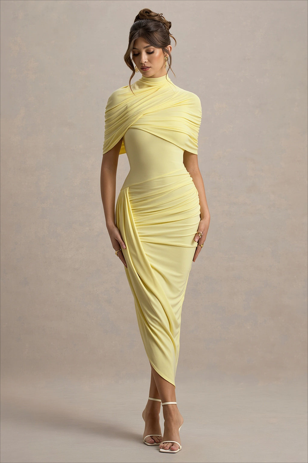 Shawl Drape Ruched Bodycon Midi Party Dress